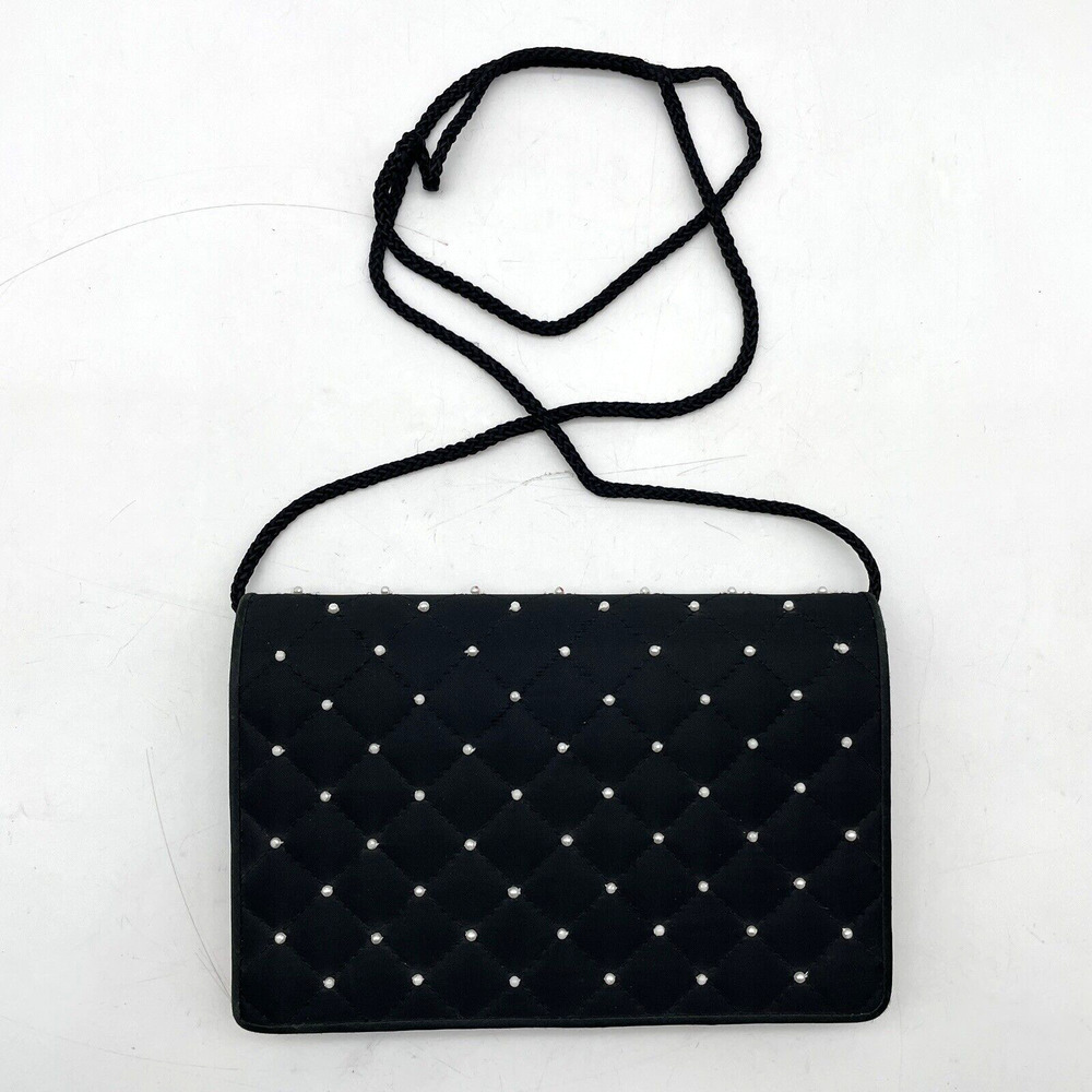 EUC Vintage Robinsons Crossbody Quilted Black Satin and Pearl Beaded Purse 8"x5"